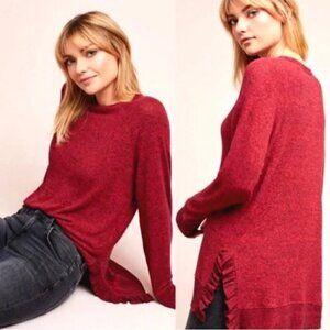 Anthropologie Postmark Gia Sweater Marled Ruffle Split Hem Red Women's Size XS